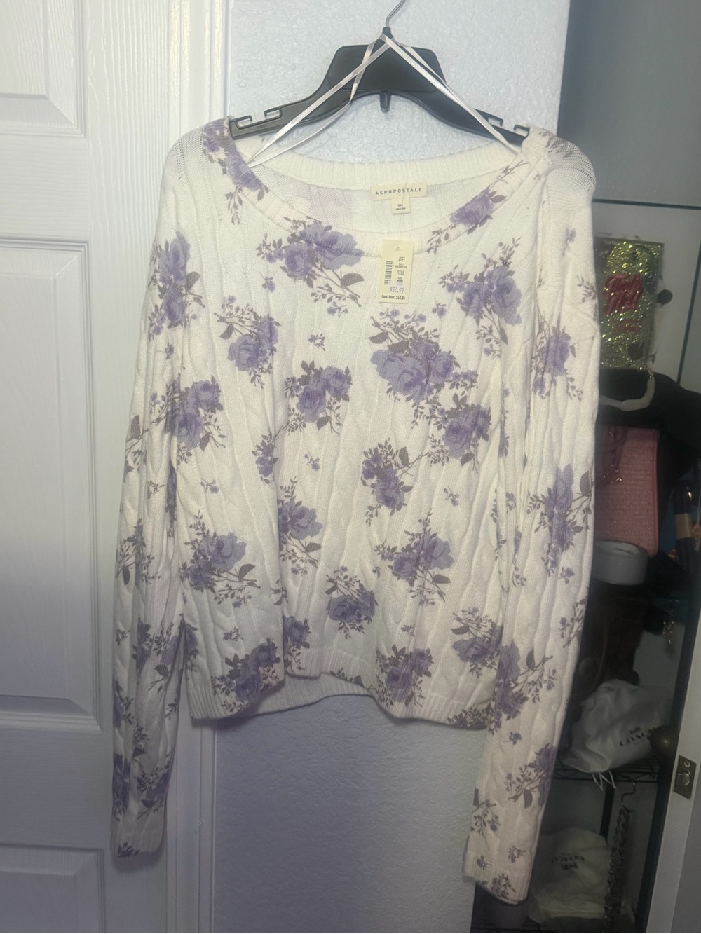 Aeropostale White Sweater with Lavender Floral Print